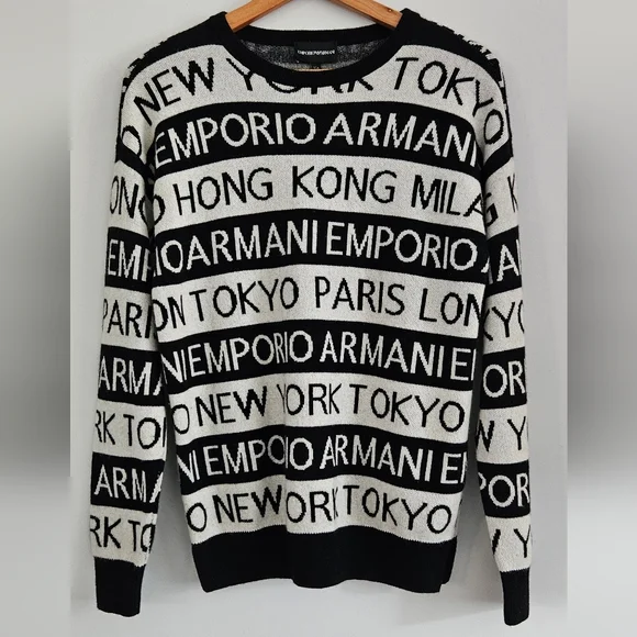 Emporio Armani Black and White All Over Crew-Neck Wool Blend Boy's Sweater Sz 14 - Picture 1 of 7